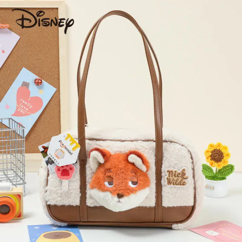 Nuevas llegadas de invierno, bolso de felpa para axila de Disney Zootopia, bolsos de moda informales para mujer, bolso de Material mixto de PU de felpa de dibujos animados de Nick Wilde