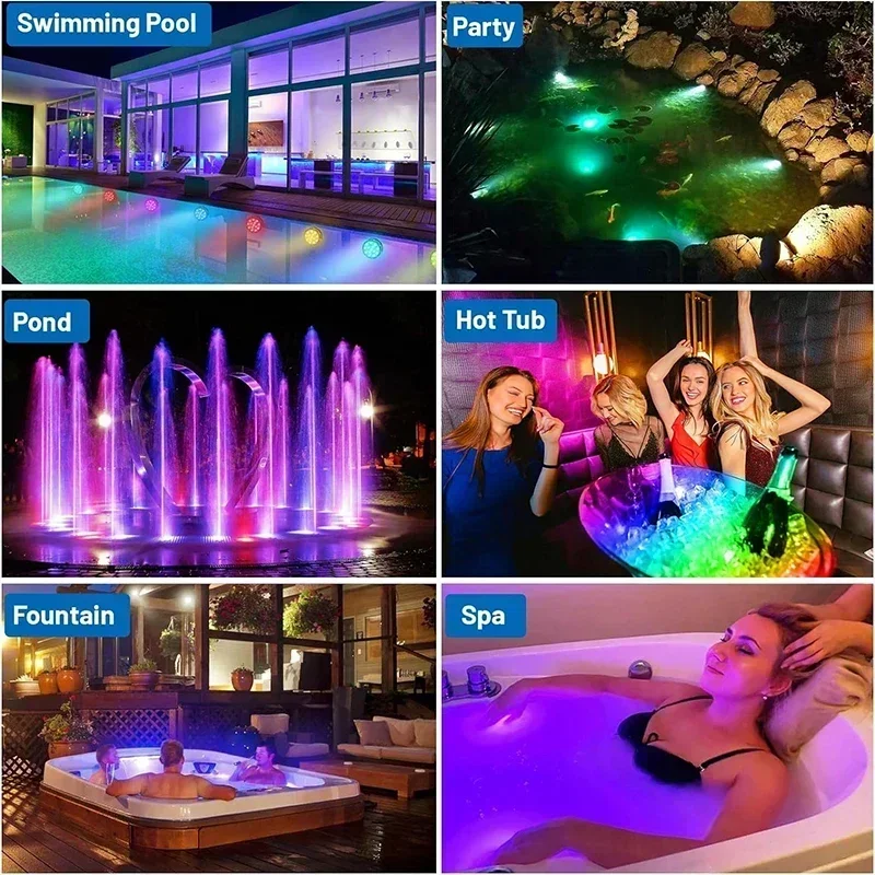 مصابيح LED غاطسة، 8 عبوات من البرك المطورة تحت الماء 16 درجة ألوان RGB، ديكور حوض استحمام ساخن، مقاوم للماء IP68