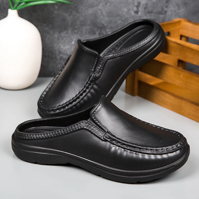 Big Size 46 Men's Half Slippers PU Leather Shoes Men Non Slip Chef Shoes One Step Into Shoes Indoor Outdoor Waterproof Slippers