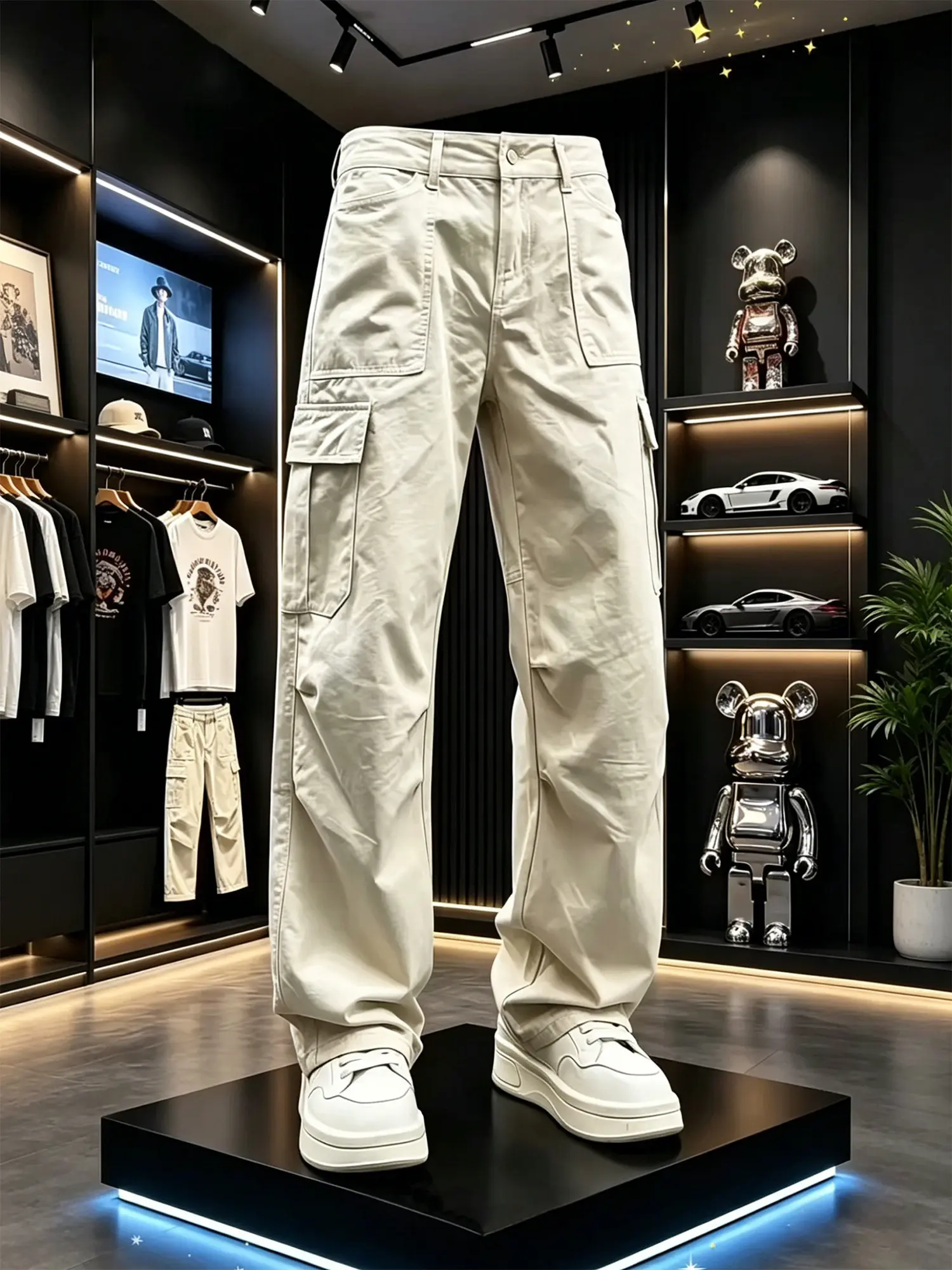 

Khaki American Style Multi-Pocket Work Pants Men's Casual Folded Soldier Assault Pants Straight Loose Summer Long Trousers
