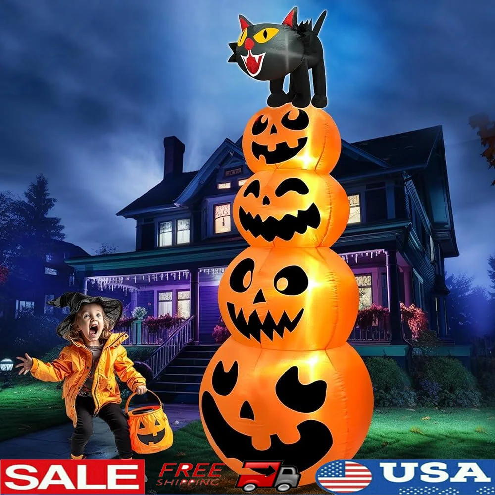 8FT Halloween Inflatable Outdoor Pumpkin Decoration with Black Cat LED Lights Easy Set Waterproof Halloween Blow Up Yard Decor