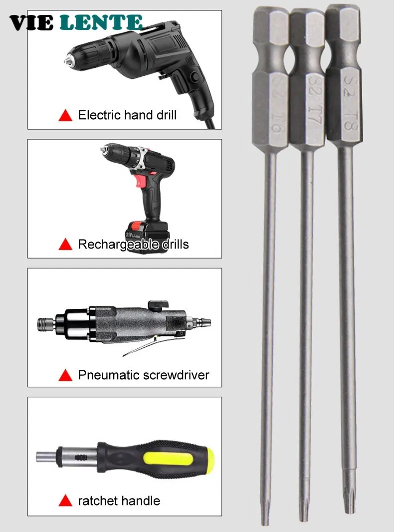 50-75-100mm hollow plum blossom extended S2 batch head hexagonal handle screwdriver head screwdriver set screwdriver set