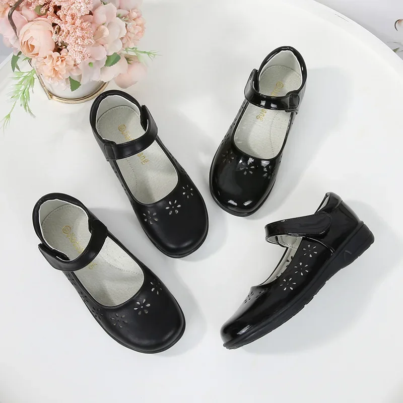 Kids Leather Shoe Cut-outs Causal Black School Girl Shoes for Performance Princess Fashion Versatile Children Uniform Flat Shoes