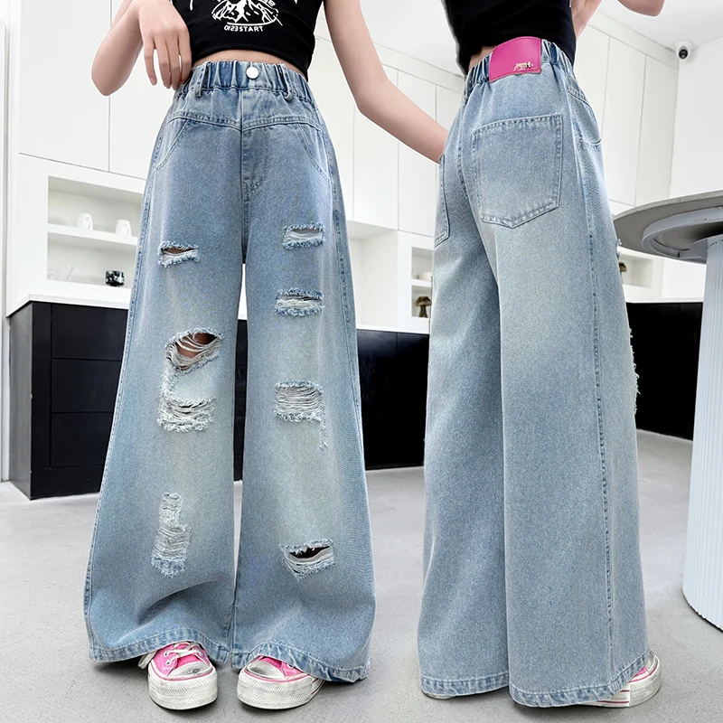 Child Fashion Distressed Baggy Jeans with Holes for Teens Girls Casual Destroyed Denim Pants Kids Stylish Ripped Jeans Trousers