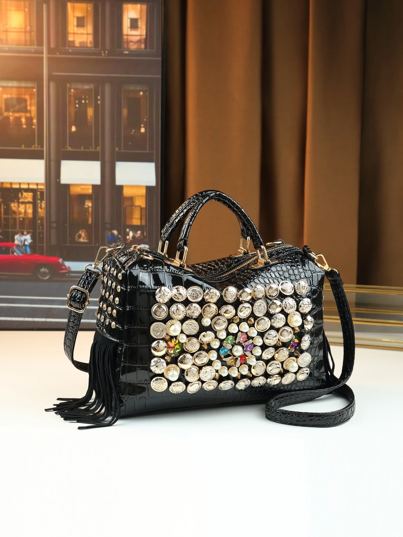 

European and American trend diamond-encrusted pearl women's hand-held large-capacity shoulder messenger bag