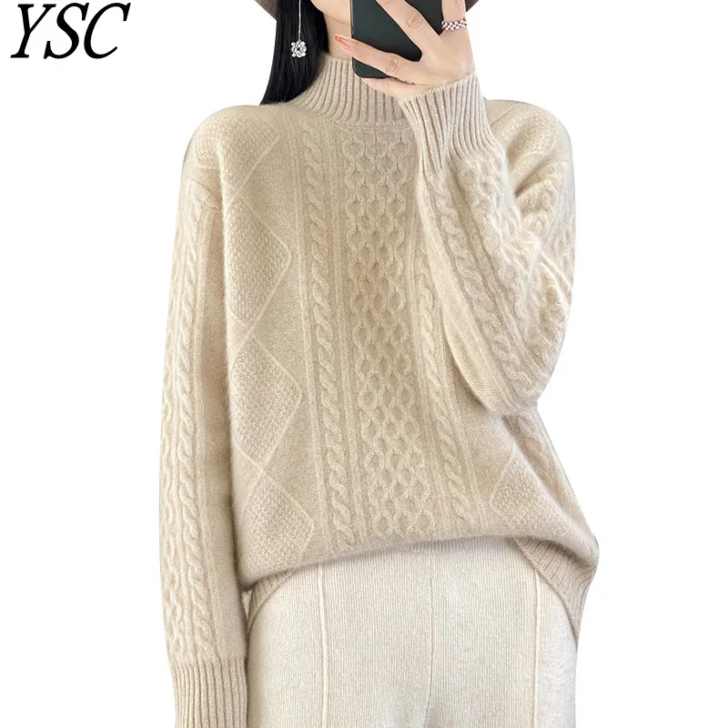 

YSC 2024 New Women's Knitting Cashmere sweaters Half height collar Twisted pattern high-quality Thickened Loose&warm pullover