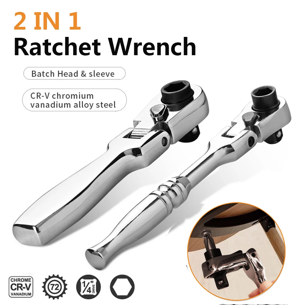 

2 In 1 Round handle Ratchet Wrench 1/4 Double Ended 72 Teeth Quick Spanner Tool Screwdriver Socket Bit DIY Home Repair Hand Tool