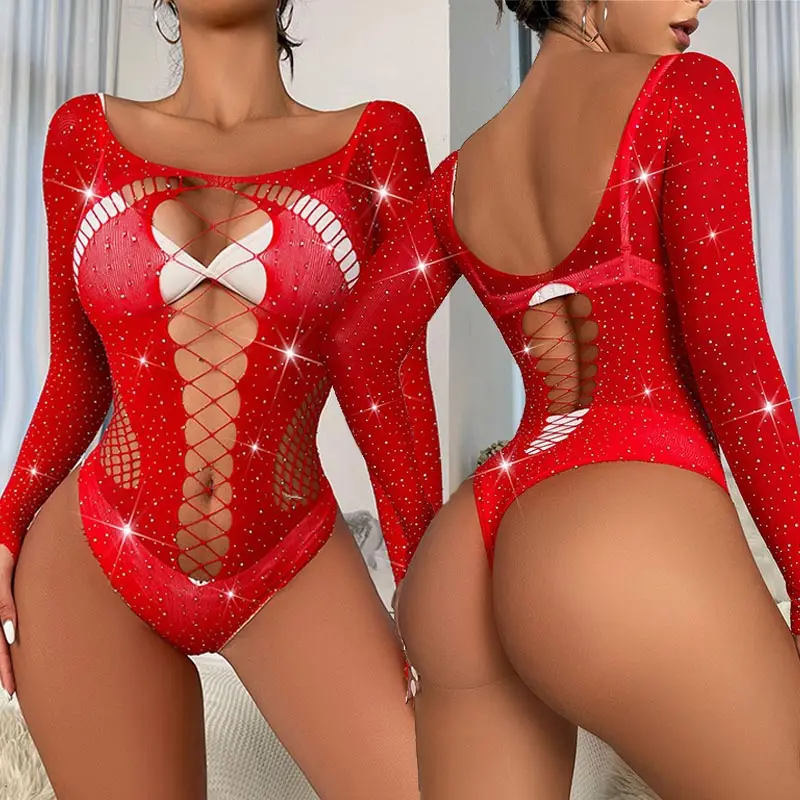 Sexy Transparent Body Stocking Fishnet Bodysuit Plus Size Crystal Diamonds Rhinestone Dress Bodystocking Lingerie Porno Costumes