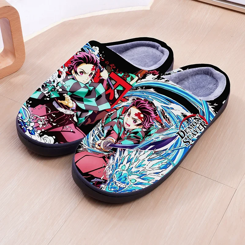 Demon Slayer Cartoon Warm Plush Cosplay Slippers Couple\'s Indoor Non-slip House Slides Men And Women Toe Wrap Home Cotton Shoes