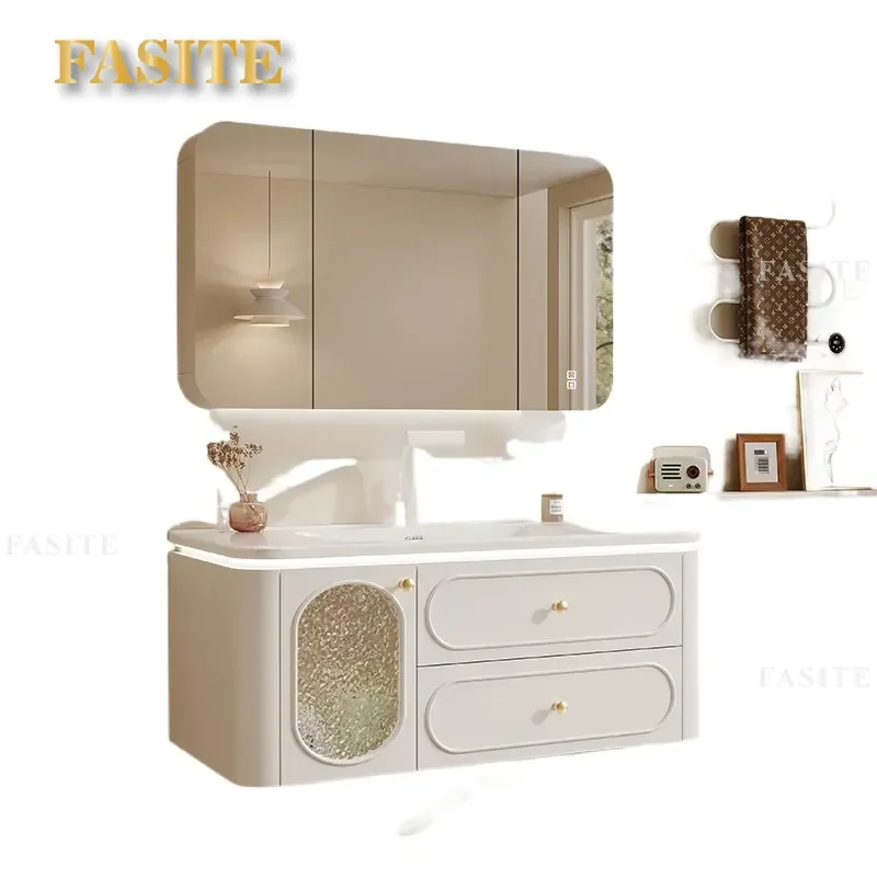 For French Cream Style Rubber Wood Bathroom Cabinet with Ceramic Integrated Basin Vanity Unit Wash Table Hand Washbasin Combo