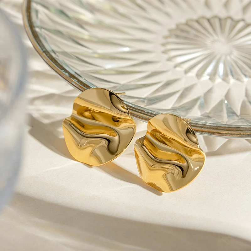 PRISCA | Gold Round Metal Earrings for Women. Stainless Steel.18k Gold.High Quality. Texture Well.Fashionable Indian Jewelry.New