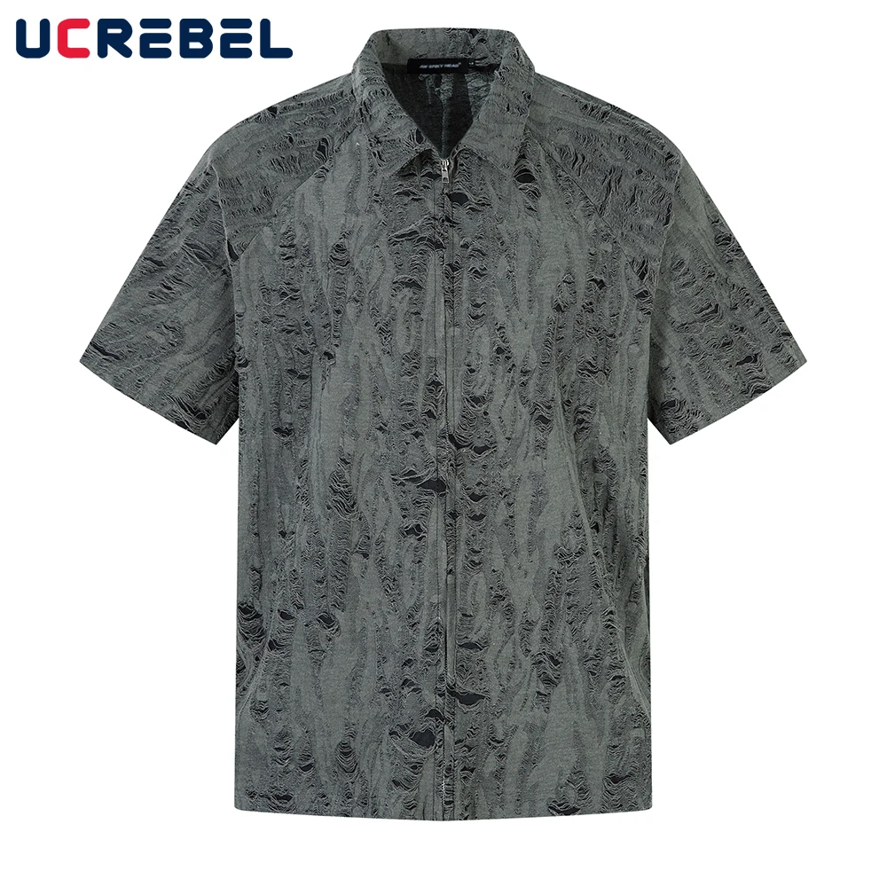 

High Street Ripped Short Sleeve Shirts Mens Summer Retro Distressed Loose Lapel Half-Sleeve Zipper Fly Shirts Men