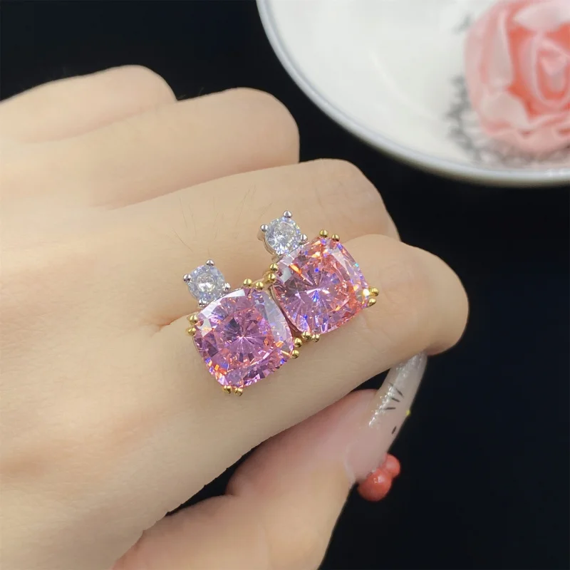 Flashing Comparable to Ice Flower Cut Princess Square Pink Zircon Fluorescent Light Color-Changing Earrings Jewelry Wholesal