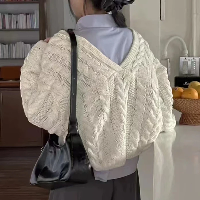 

2025 Women Long Sleeve Knitted Cardigan Short Sweater Korean Style Autumn Top Elegant Casual Solid Sweet Winter Knitwear Fall