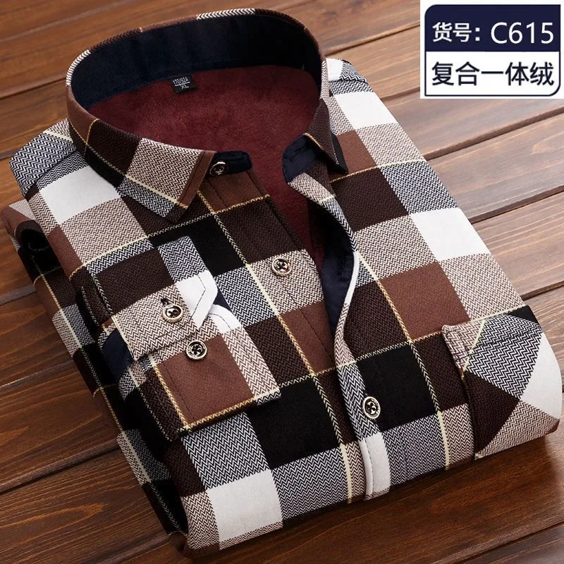 2024 Autumn and Winter New Fashion Trend Plus Fleece Thick Warm Shirt Men\'s Casual Loose Comfortable Plaid Long-Sleeved Shirt