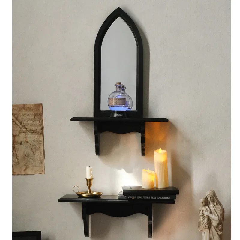 European Style Retro Storage Rack Decoration Solid Wood Black Living Room Wall Hanging Decorative Mirror French Candlestick Rack