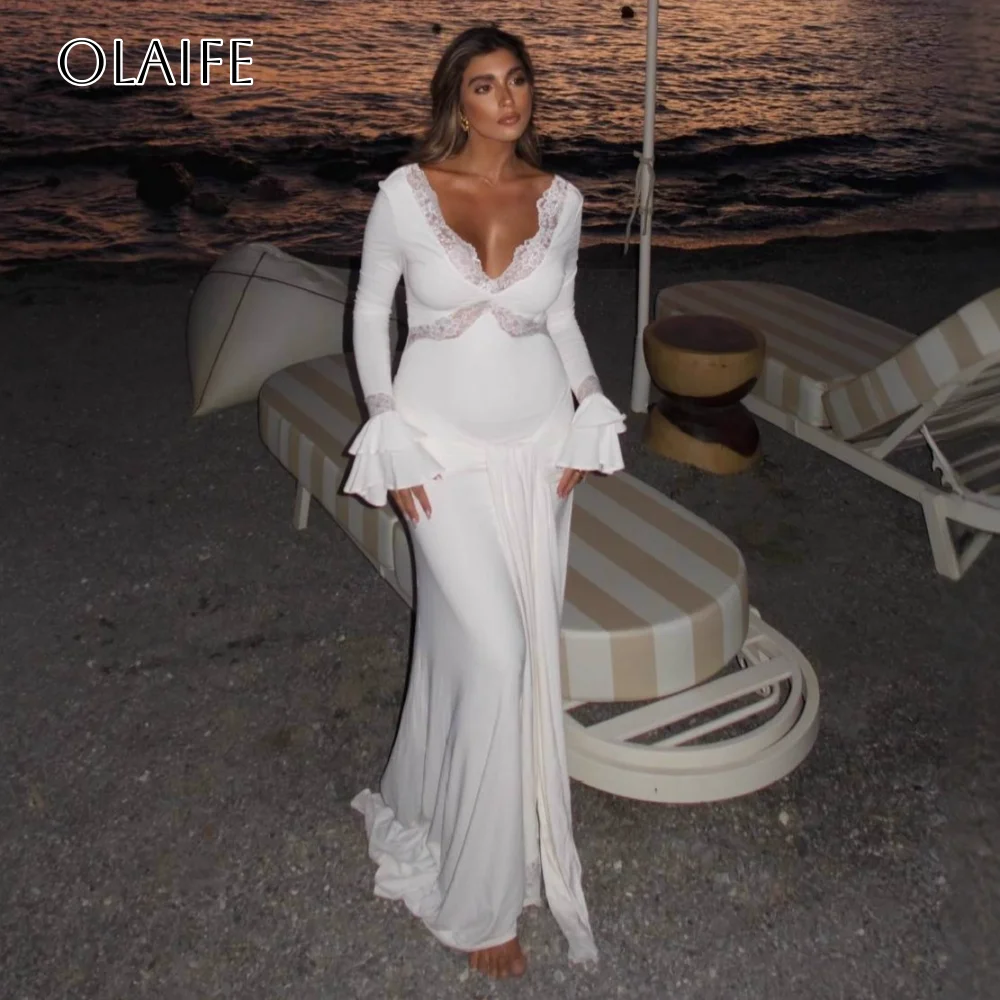 Gezwollen lange mouwen schede V-hals galajurk chiffon vloerlengte geplooid feestkleding op maat vestidos de festa