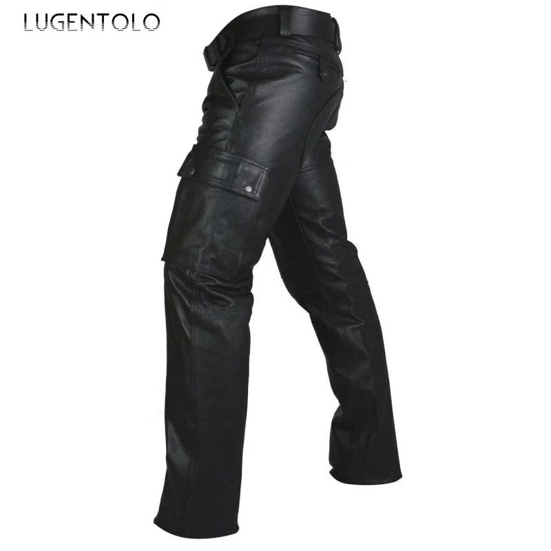 Pantalones de piel sintética para hombre, pantalón informal de PU negro, talla grande, moda versátil, bolsillo callejero, ropa larga recta