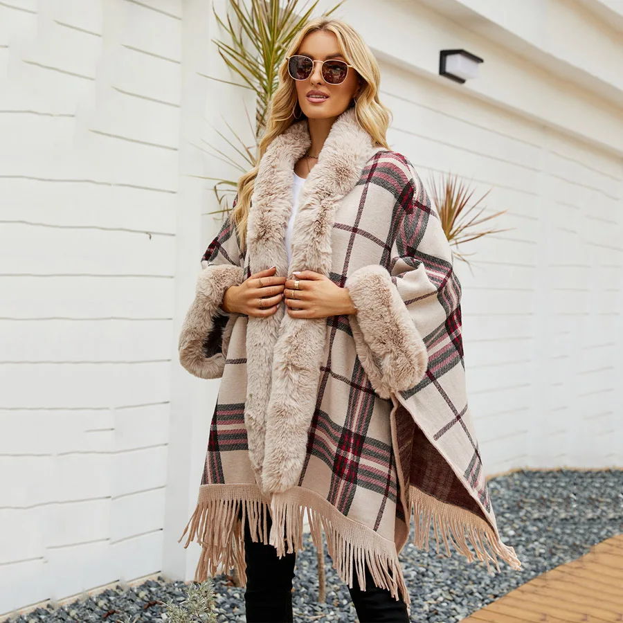 Fashion Loose Slim Knit Wool Blends Faux Fur Cape Outerwear Hood Women Autumn Winter Long Cardigan Cloak Coat Travel Wraps