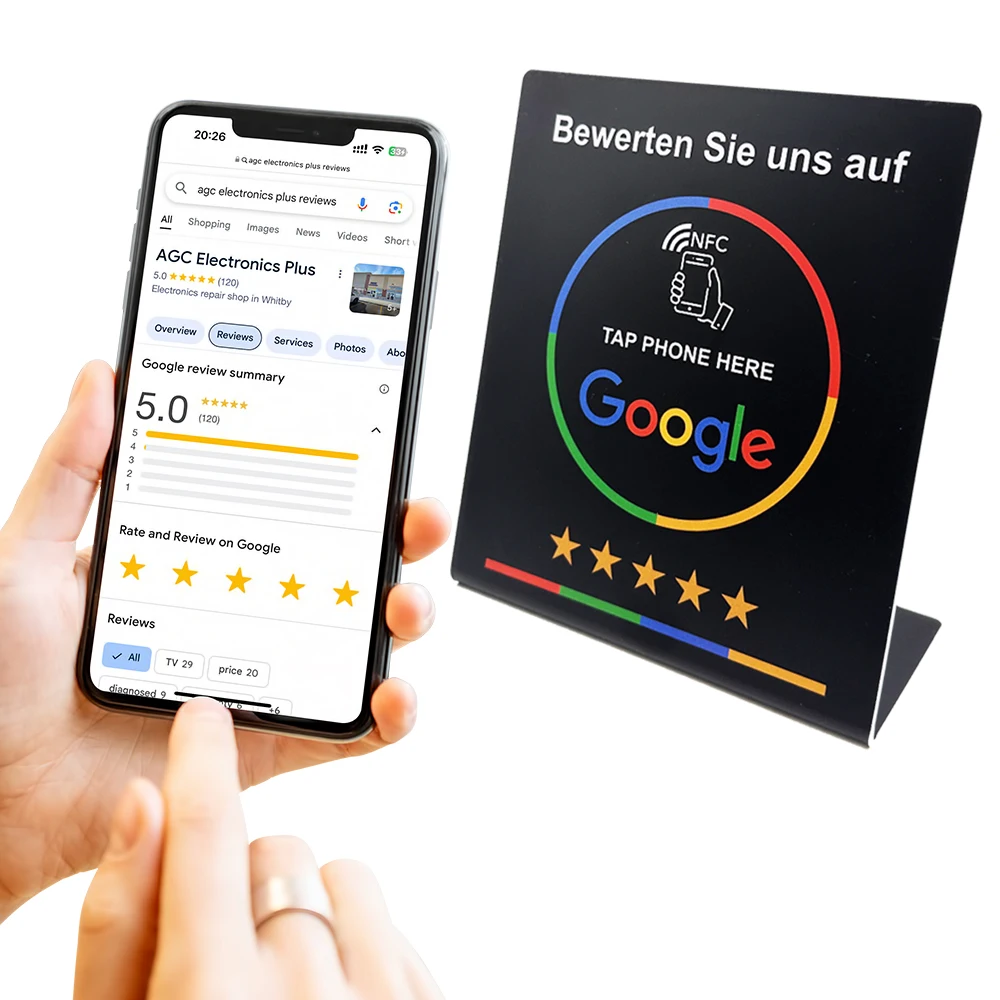 NFC215 Tap Stand الألمانية الفرنسية الإسبانية الإنجليزية 8 نسخة Google Review NFC Stand NFC عرض الطاولة للمطعم
