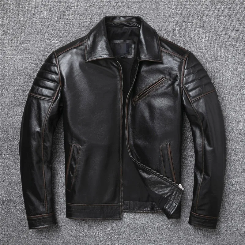 

2023 New Edging Brown Vintage Style Genuine Leather Jacket Men Cowhide Slim Fashion Biker Clothing Big Size Jackets