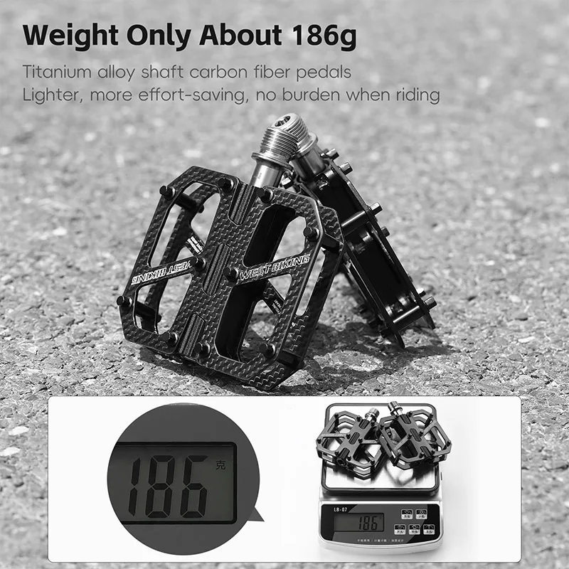 WEST BIKING Ultralight T700 Carbon Fiber Bicycle Pedals Titanium Axle 3 Bearings Pedals MTB Road Bike Lightweight Flat Pedals