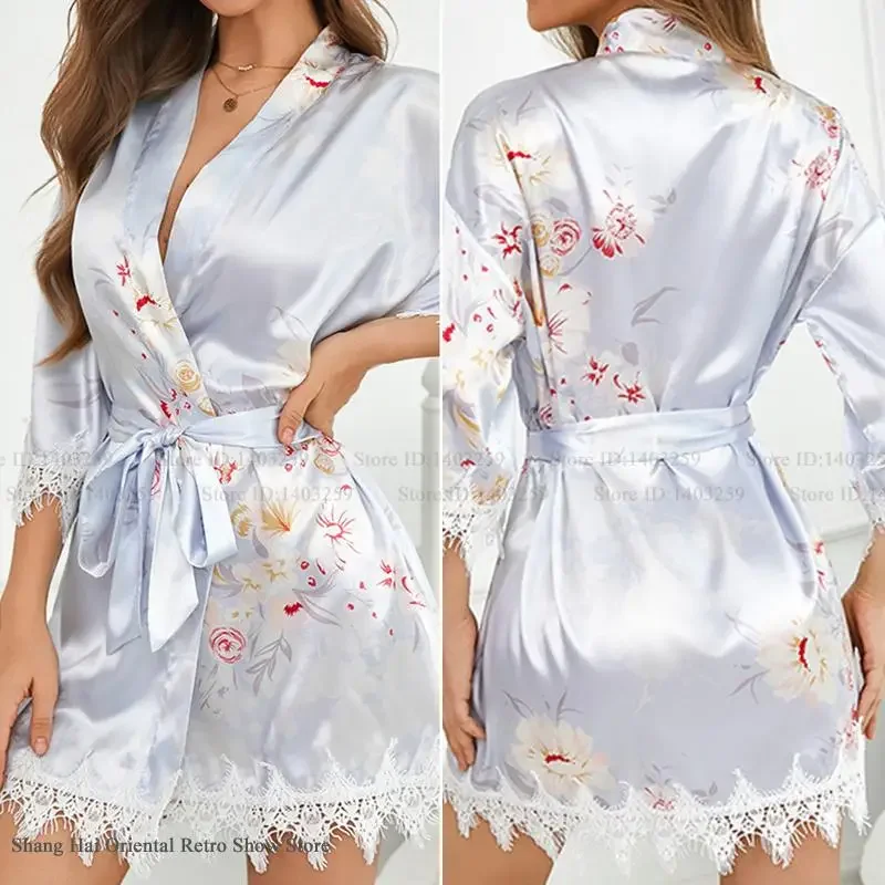 

Spring Summer New Women Robe Print Flower Kimono Bathrobe Gown Loose Casual Sleepwear Home Dressing Gown Silk Satin Loungewear