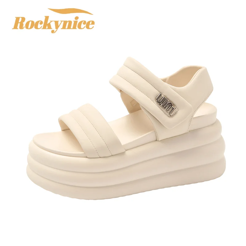 New Summer Women Chunky Sandals Leather High Platform Trainers Breathable Casual Slippers Shoes Woman 7CM Heels Wedge Sneakers