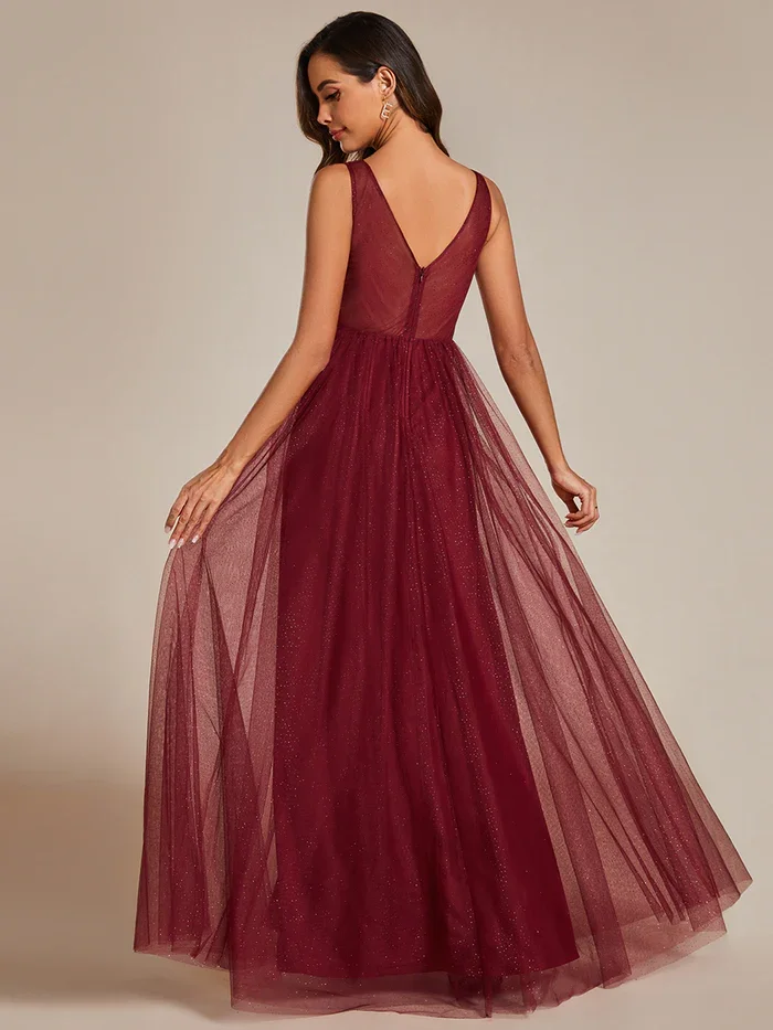 V-neck Maxi Spaghetti Strap Sequin Hollow tulle high-waist sleeveless high slit Bridesmaid Dress