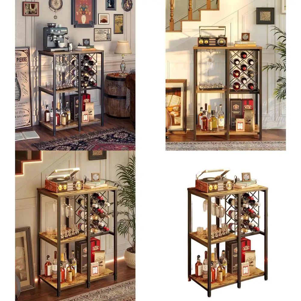 Contemporary 3-Tier Wine Storage Cabinet with Liquor & Coffee Bar, Glass Holder, and Power Outlet for Kitchen and Dining Area
