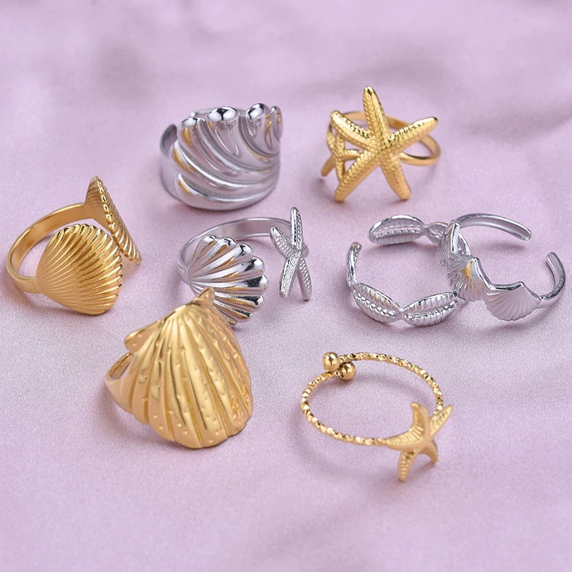 스테인레스 스틸 해양 생물 불가사리, 여성용 오픈 Anillos 빈티지 바다 동물 소라 쉘, 여름 남성 반지 쥬얼리, 로트당 6 개