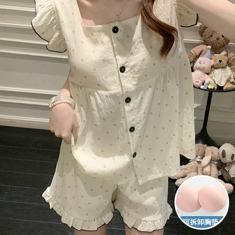 Summer Women Pajamas Set Thin with Built in Bra Cloud Cotton Sleeveless Vest Shorts Homewear