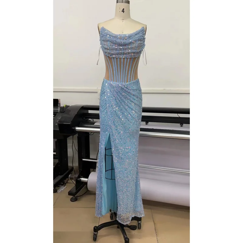 Robe bleue glacée à paillettes scintillantes, Sexy, transparente, sans bretelles, fente, pour Socialite, fête d'anniversaire, robe de soirée, nouvelle collection 2025