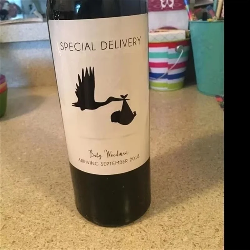 custom 10pcs Baby Announcement Wine Bottle Labels Special Delivery Stork Carrying a Baby Pregnancy Announcement bottle stickers