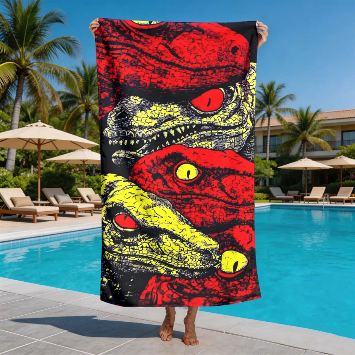 Close-up shot of the dinosaur's head theme polyester microfiber beach towel is highly absorbent, suitable for swimming and beach