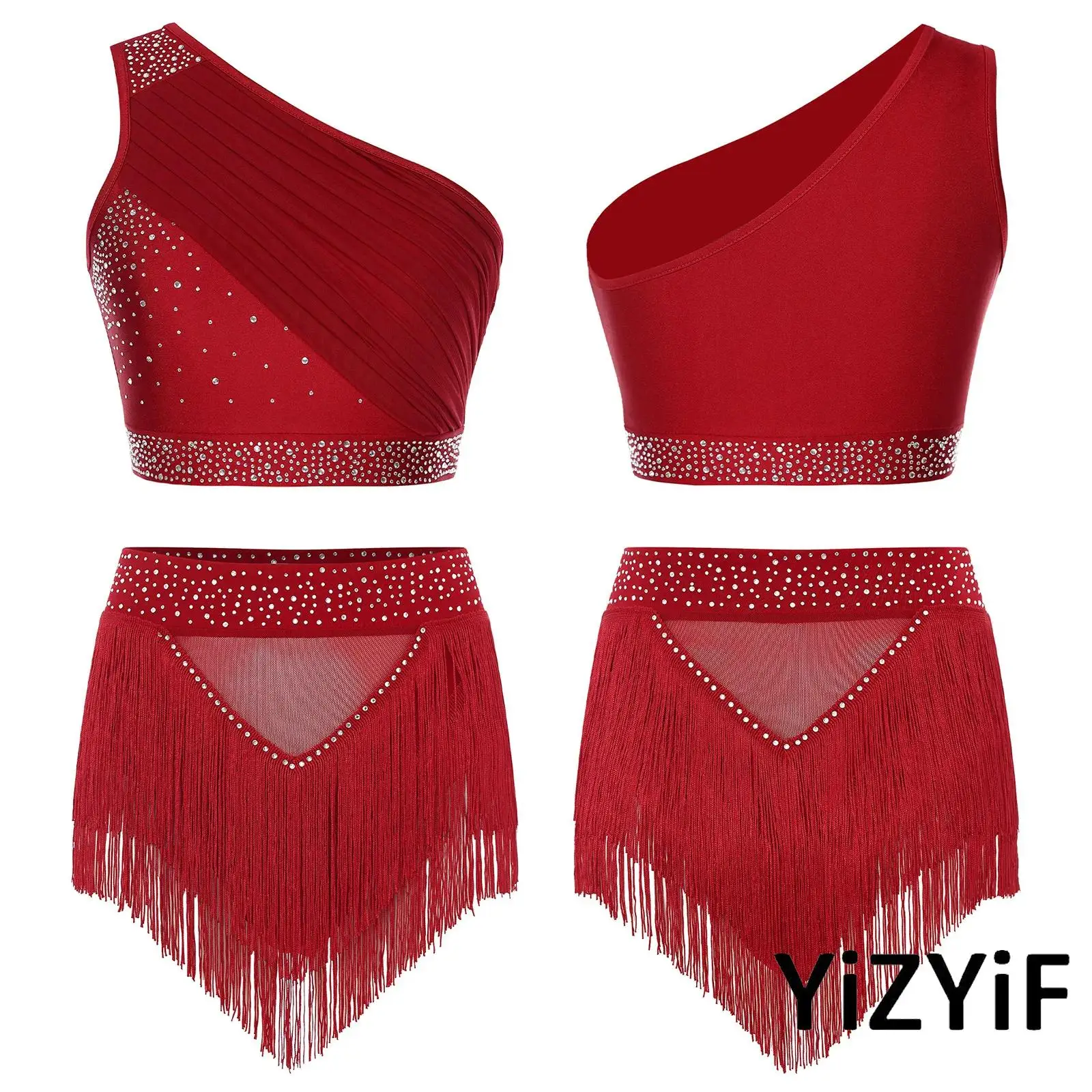 

Womens Latin Dance Sets Asymmetric Ruched Glittery Rhinestones Crop Top&Tassels Shorts for Jazz Professional Competition Costume