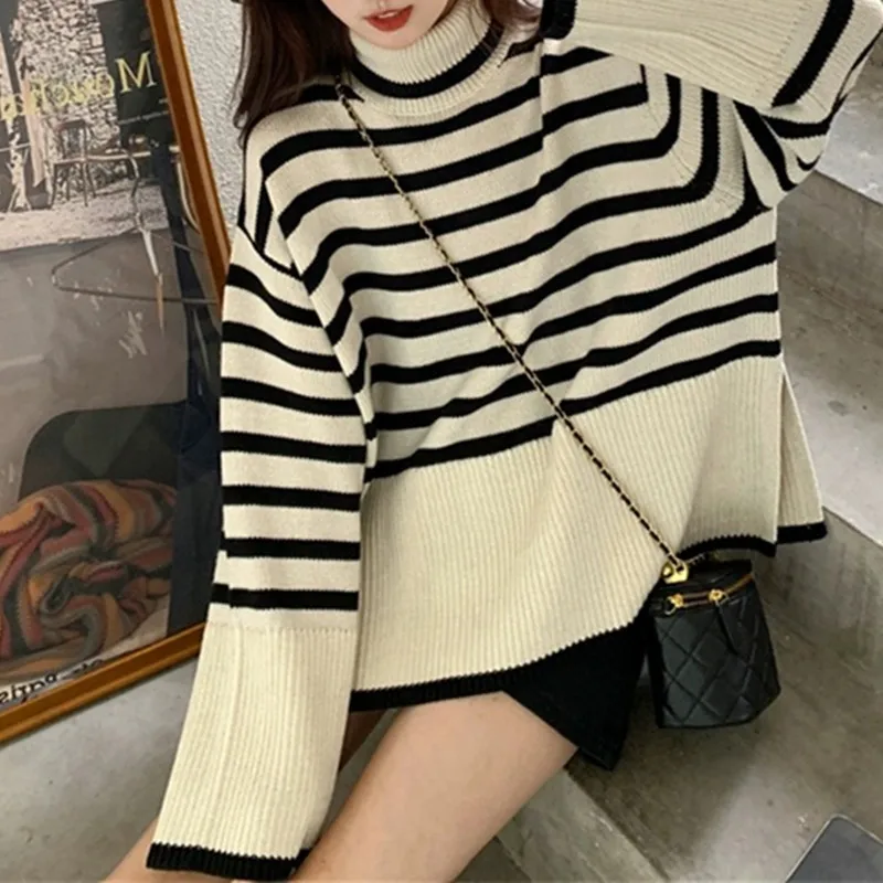 Women\'s Striped Turtleneck Sweater, Long-Sleeved Loose Outer Slit Top Warm, Thickened, Knit, Casual Streetwear, Tops, Y2k, 2024