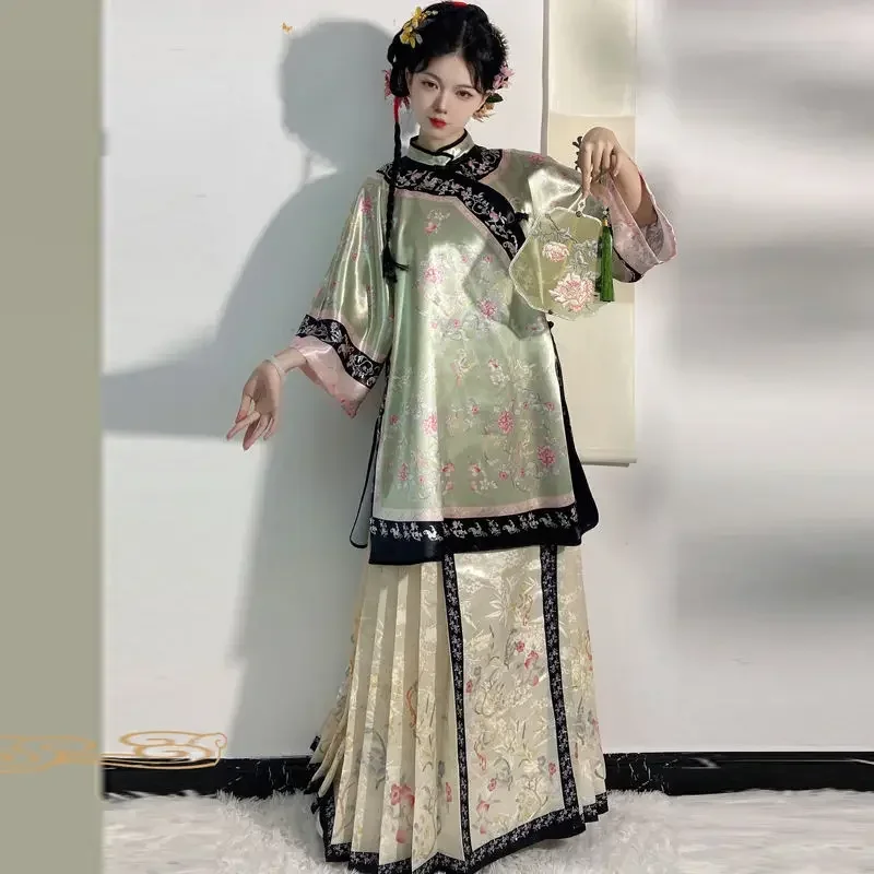 Chinese Traditional Women Qipao Cyan Stand Up Collar Long Sleeved Top Beige Printed Horse Faced Skirt Ancient Hanfu Clothing