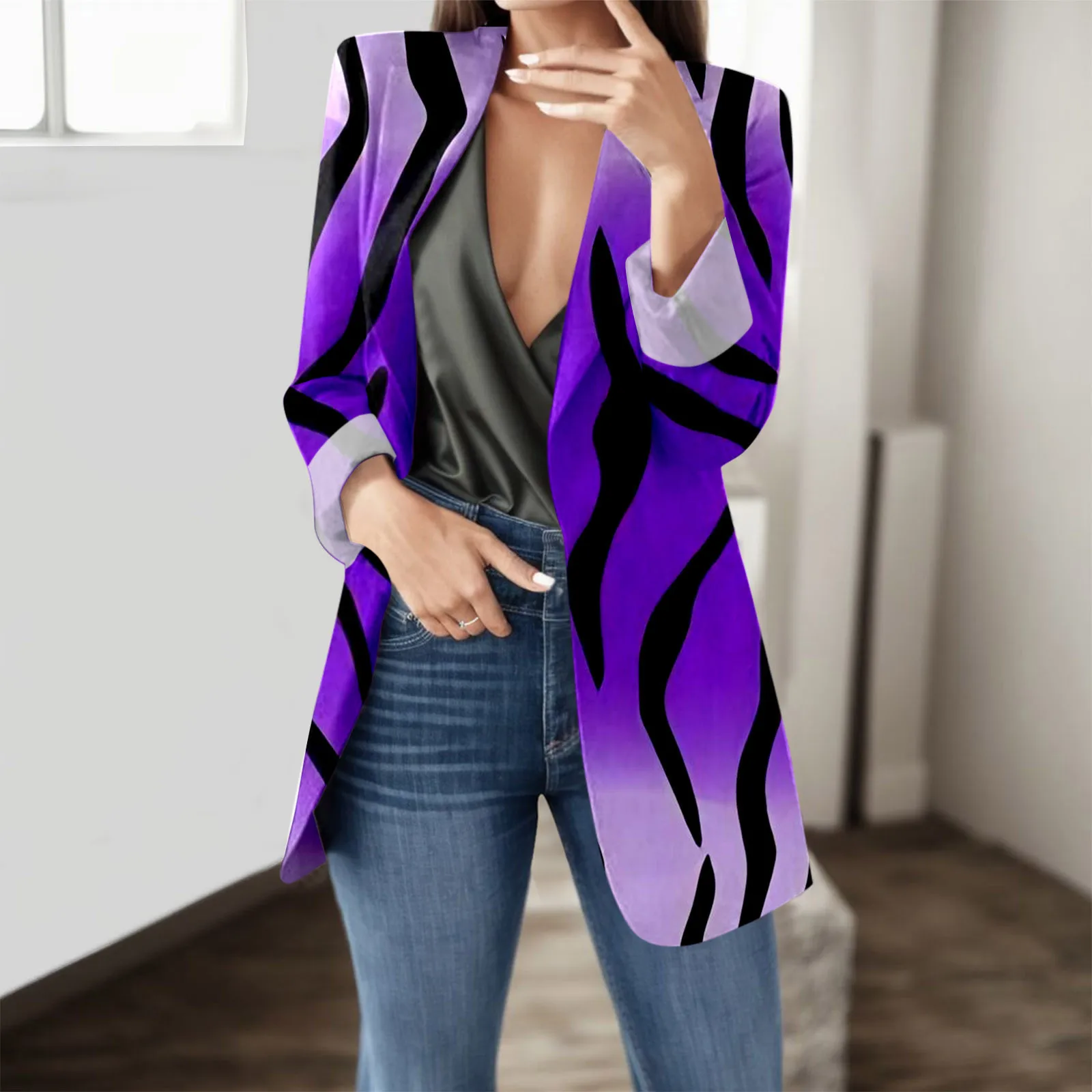 Women Zebra Pattern Printed Jacket Fall Winter Lapel Slim Blazer Suits Coat Cardigan Jacket Long Sleeve Suit Coat For Ladies