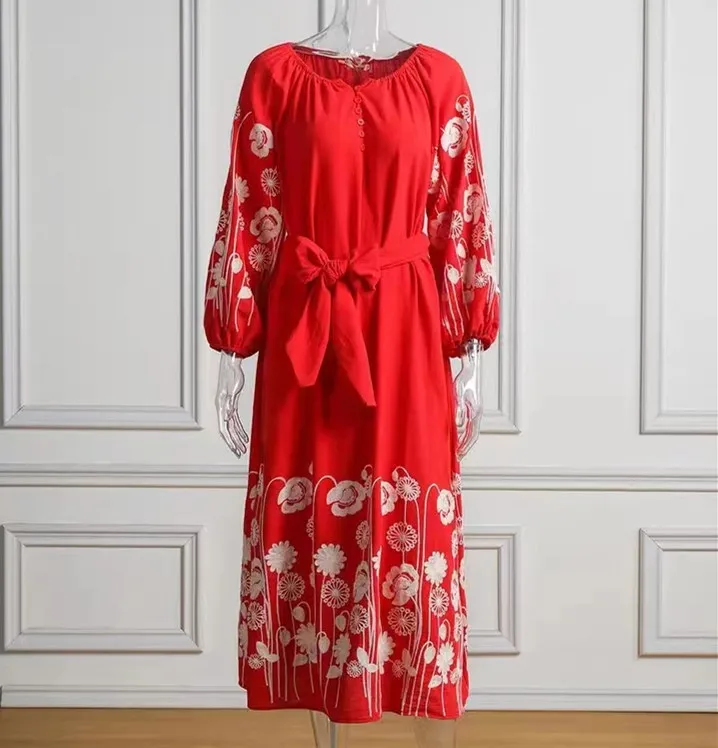 Luxury Summer New Women's Retro National Style Heavy Embroidery Seven Point Sleeve V Neck Long Red Bohemian Beach Holiday Dress