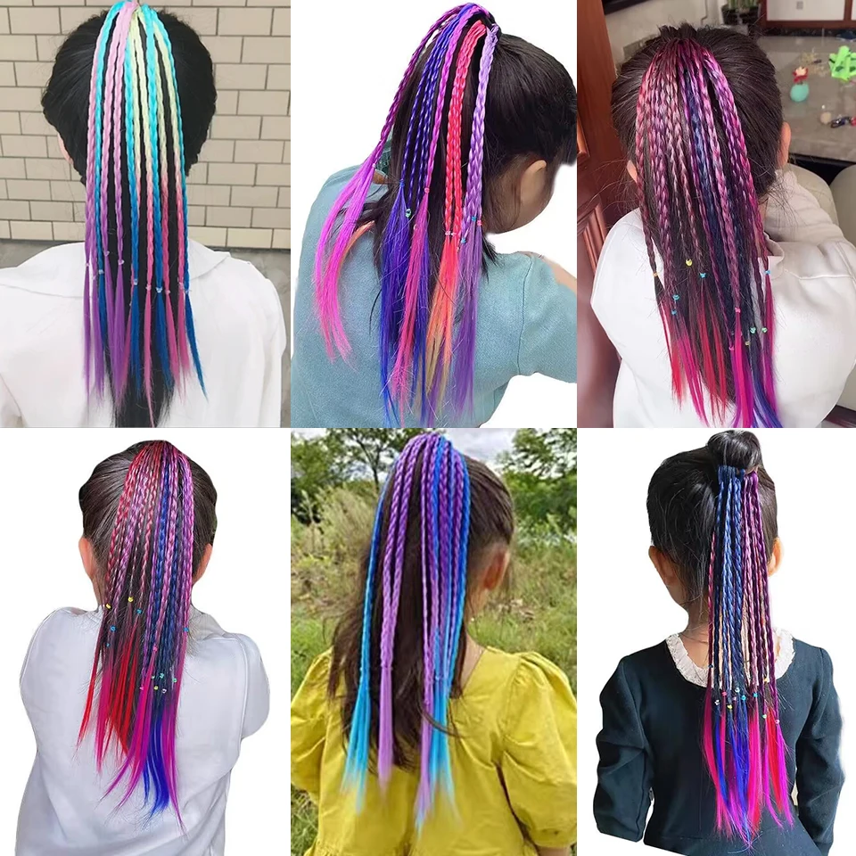 LUPU Synthetic Braids Ponytail Hair Extensions With Rubber Bands Rainbow Braided Hairpieces For Kids Girls Hair Accessories