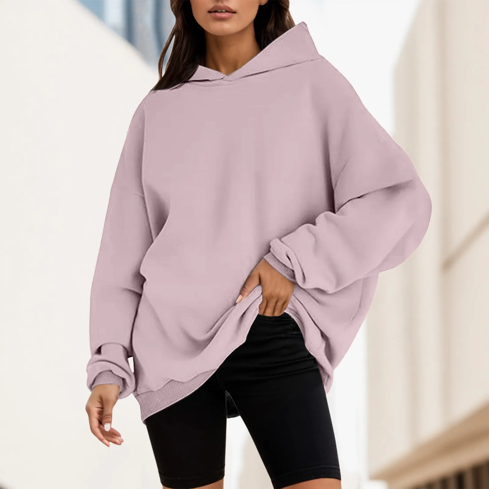 

Oversized Loose Fit Solid Color Long Pullover Hooded Simplicity Versatile Sweatshirts Comfy Casual Streetwear Hoodies Women