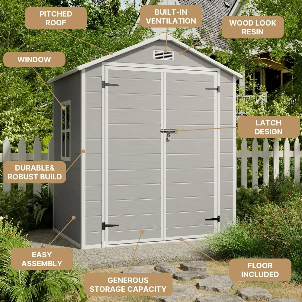 Outdoor Storage Shed, 6x4 FT Resin Shed with Floor, Plastic Garden Tool Sheds with Lockable Door for Patio Backyard Lawn Pool