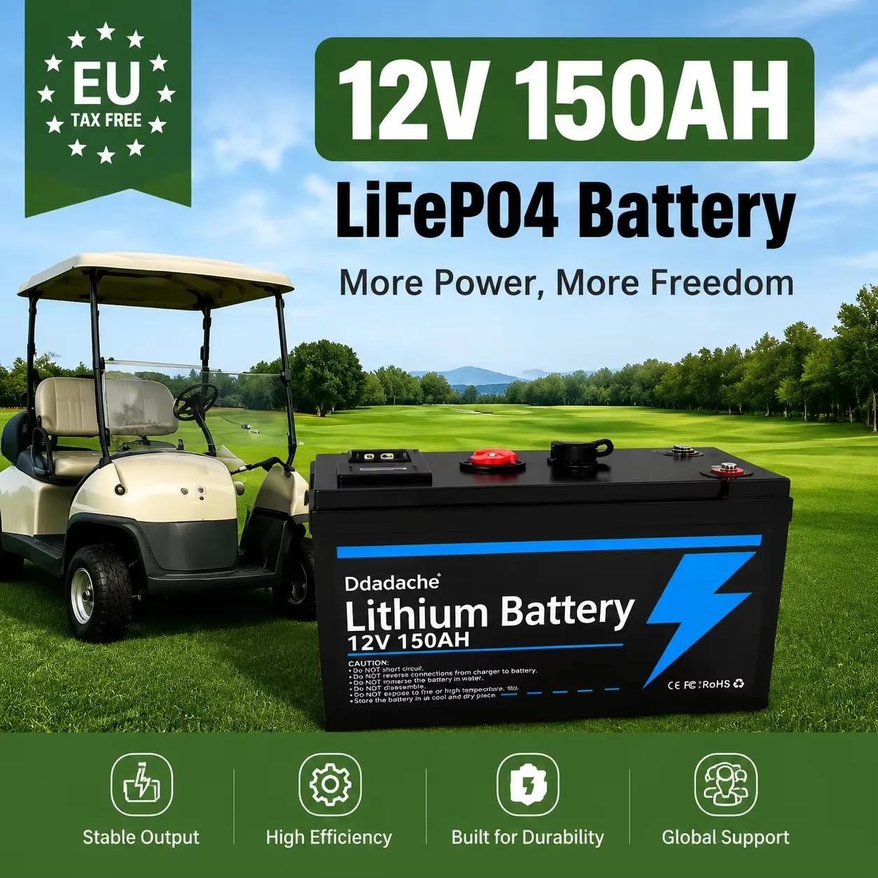 Batterie au lithium-ion phosphate de fer 12V 150Ah à charge rapide, largement utilisée dans les systèmes d'alimentation sans interruption (UPS), les kayaks, la recharge de panneaux solaires, les voitures électriques, les scooters électriques, les camping-cars, les bateaux de pêche