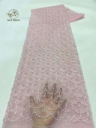 Baby Pink 2024 High Quality French Tulle Sequins Lace Fabric African Beaded Lace Fabric 5 Yards For Nigerian Wedding Party Dress