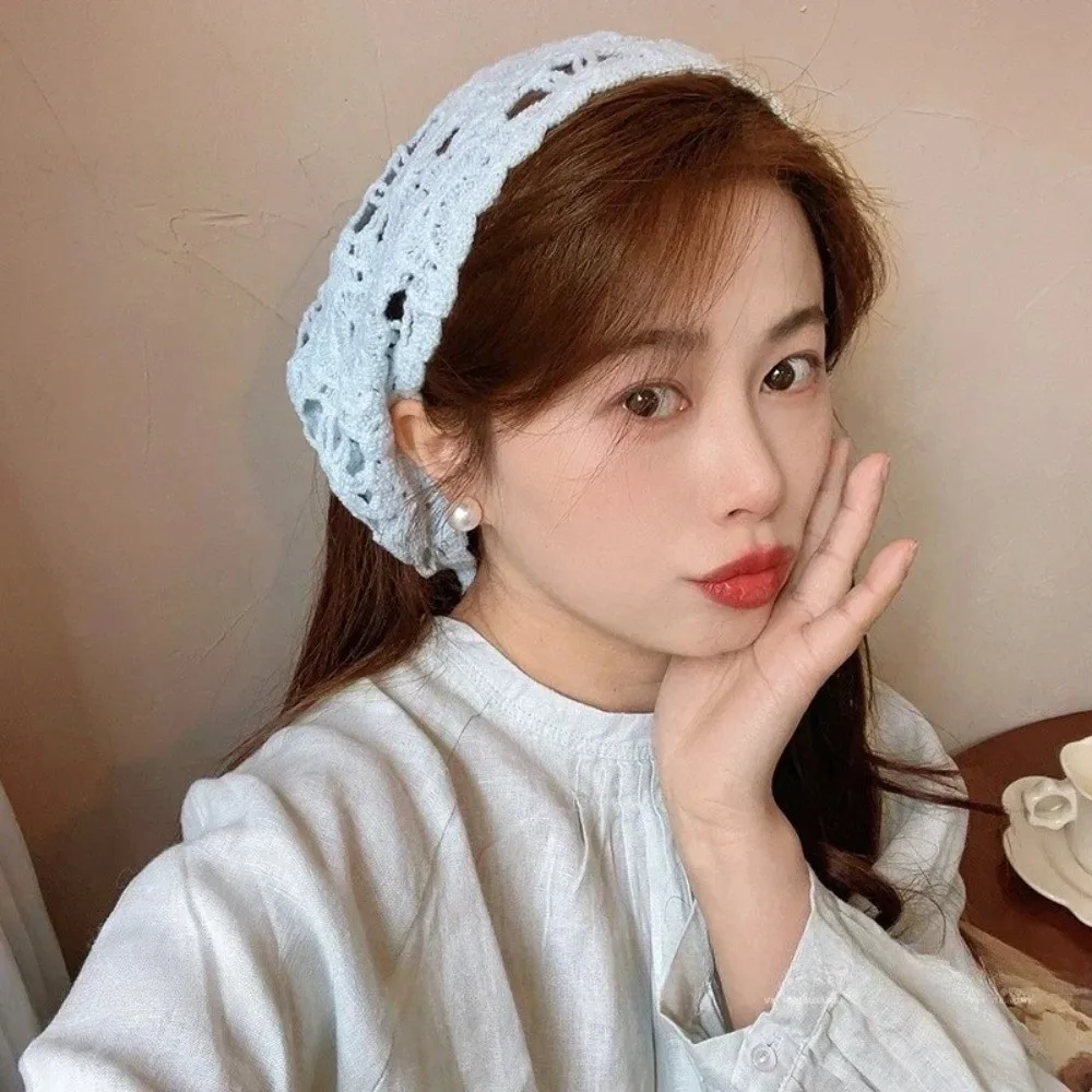 Sweet French Knitted Headband Floral Bohemian Triangle Turban Pastoral Style Handmade Women Hair Scarf Summer
