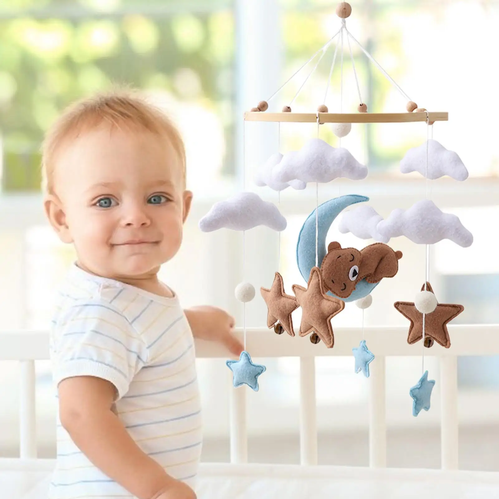 Bebê móvel pendurado chocalho brinquedos cama de madeira sino feltro nuvem veludo urso boneca brinquedo recém-nascidos música cabide berço suporte móvel presentes