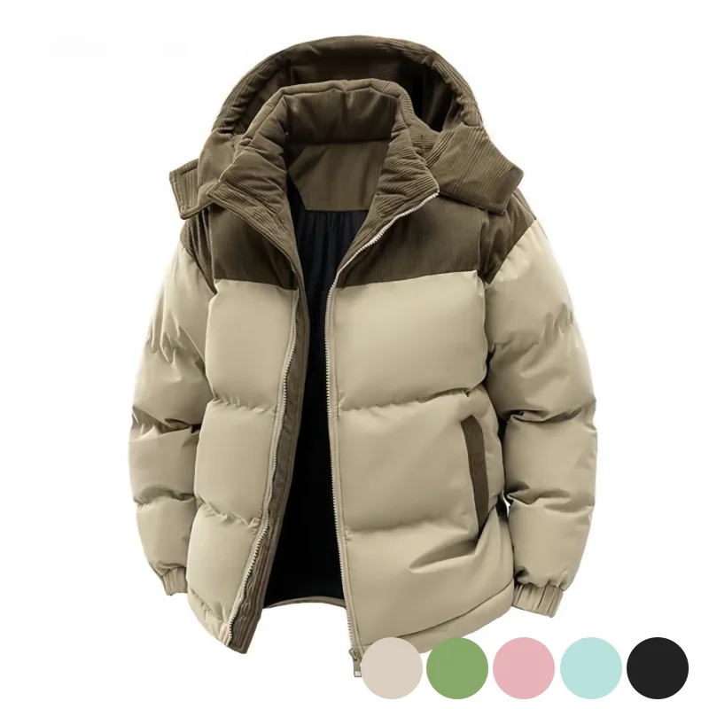 Corduroy Patchwork Detachable Hooded Cotton Jacket for Men and Women, Winter Color-Blocking Thickened Warm Short Loose Cotton Coat