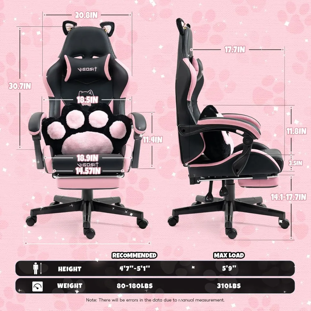 Ergonomic Gaming Chair with Footrest, Cute Cat Ear Design, Comfortable Desk Chair for Women, Ideal for Gamers and Office Use