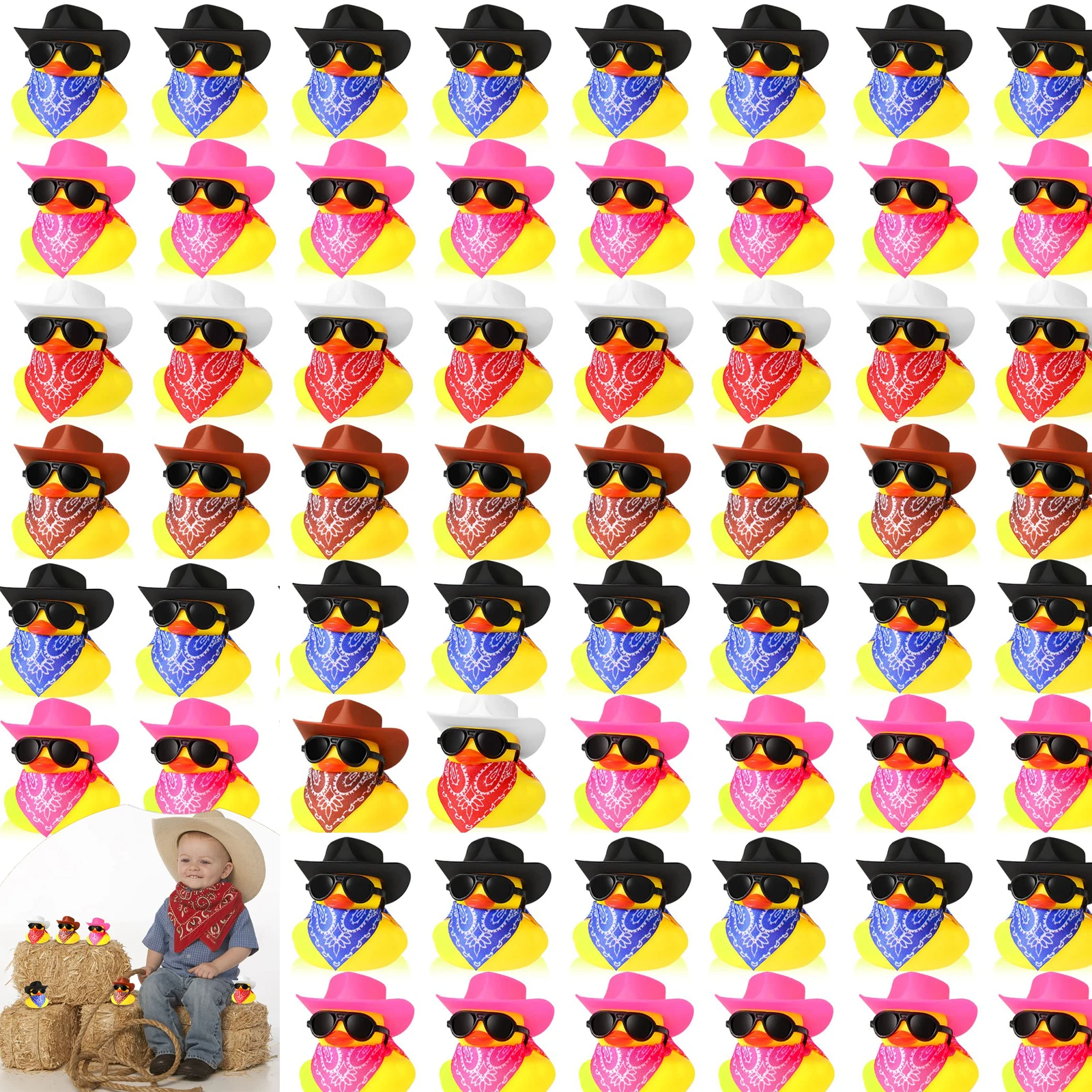 6/12/24 peças Patinhos de Borracha Cowboy, Mini Patinhos Amarelos, Brinquedo de Banheira com Chapéu de Cowboy, Bandanas Paisley e Óculos de Sol para Bebês